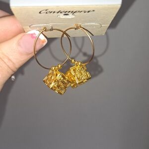 Contempra Gold Tone Cube Hoop Earrings Vintage